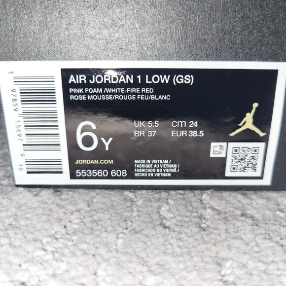 Youth Size 6Y Jordan 1 Low Pink Foam Fire Red White (GS) 553560-608 AUTHENTICNEW - Picture 9 of 9